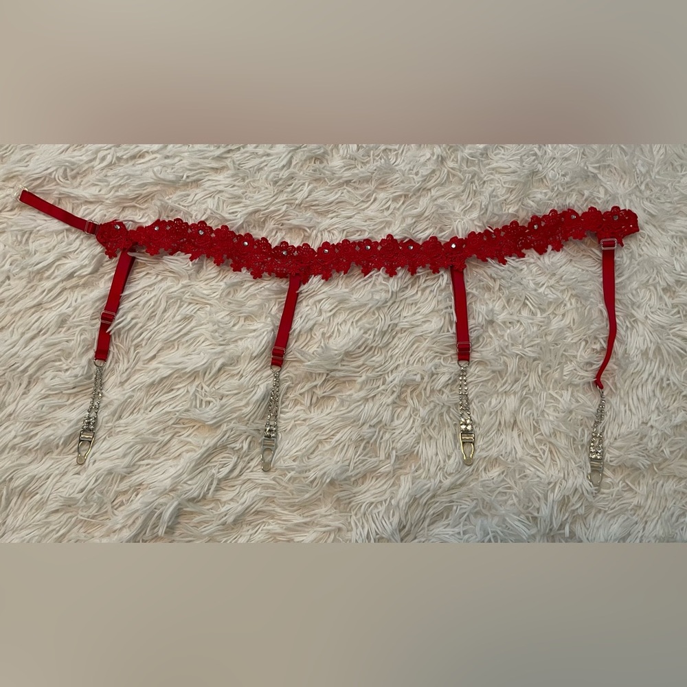 Rhinestones and Lace Red Adjustable Garter Belt. Size S/M